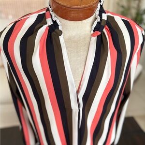 Ann Taylor - Ruffled Neck Blouse with White/Coral/Black/Green Stripes - XL